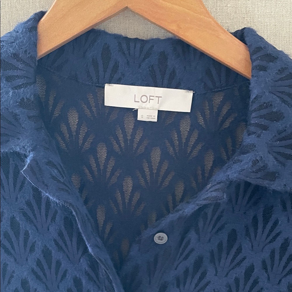 LOFT Navy Lace Top Small Semi-Sheer Long-Sleeve Button-up. - Picture 3 of 6